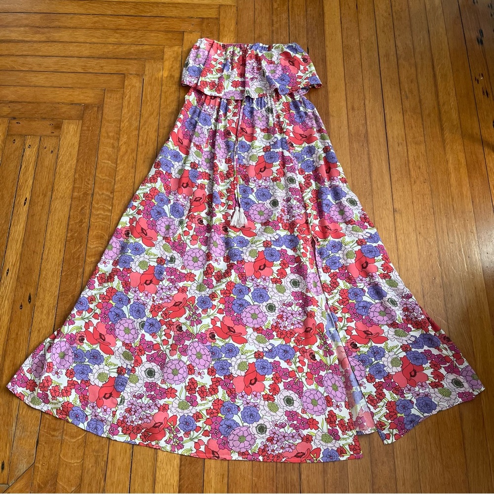 Japna Floral Maxi Dress Sz Small Multicolor Strapless Flowy Side Slit Stretch
